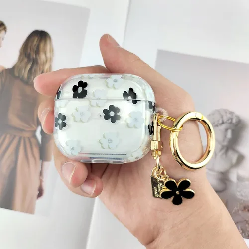 Vista 6 de Funda compatible con AirPods 3 2021, TPU suave con bonito patrón de flores para AirPods de 3ª generación con llavero de flores y mosquetón para Negro