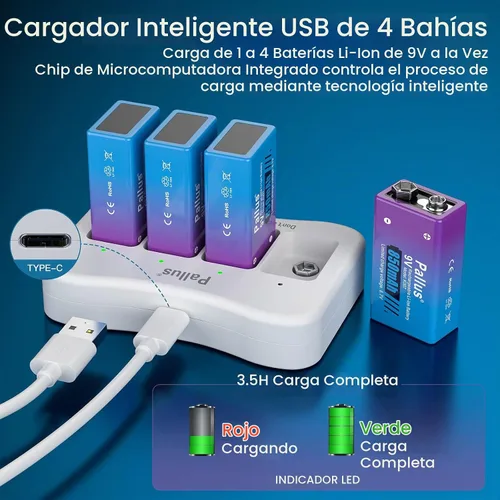 Vista 5 de Pallus Baterías recargables de 9 V con cargador, paquete de 4 baterías recargables de litio de 850 mAh de 9 voltios para alarmas de humo e