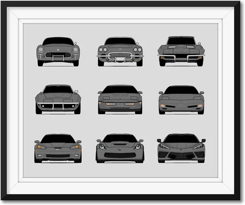 Vista 4 de Custom Car Posters Handmade Poster compatible with Chevy Corvette Generations and Print of Chevrolet Corvette (C1 C2 C3 C4 C5 C6 C7 C8) (Landscape)
