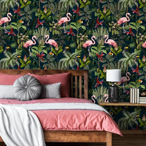 Vista 5 de VEELIKE Papel tapiz autoadhesivo de animales de selva oscura para despegar y pegar, papel tapiz de pájaros exóticos tropicales de 17.7 x 118