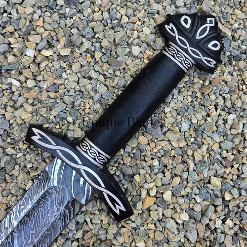Vista 6 de Gran espada de acero de Damasco, 37 pulgadas de espiga completa con ranura de sangre afilada, mango de madera con vaina, réplica de campo de batalla