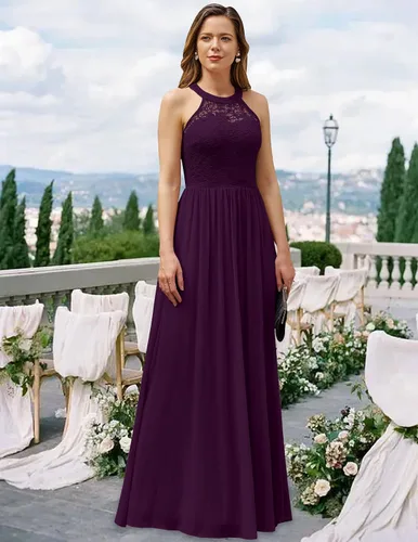 Vista 4 de Vestido formal de encaje floral halter sin mangas para mujer vestido de dama de honor