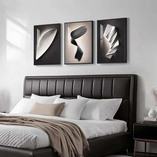 Vista 2 de Juego de arte moderno enmarcado de 3 piezas, arte abstracto de líneas geométricas en blanco y negro, pinturas artísticas de lujo contemporáneas