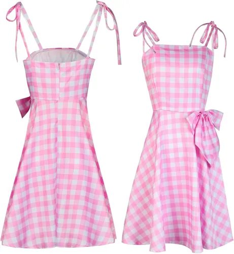 Vista 5 de Barbie Costume Pink Plaid Dress Women's Movie 2023 Margot Robbie Halloween Cosplay Costume