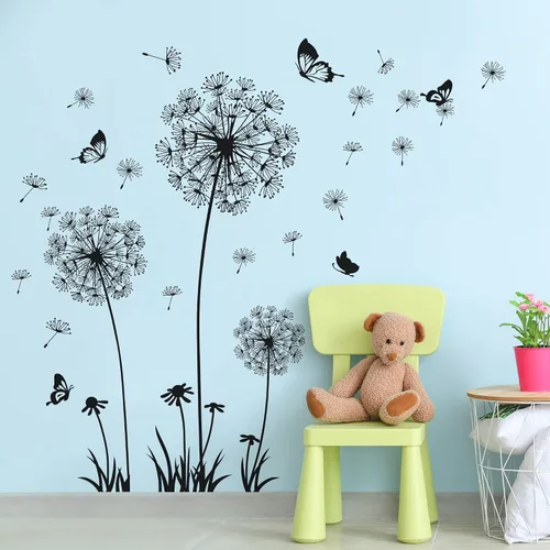 Vista 6 de Calcomanías de pared de diente de león, removibles, calcomanías de pared de flores para despegar y pegar, murales de mariposas florales, decoración