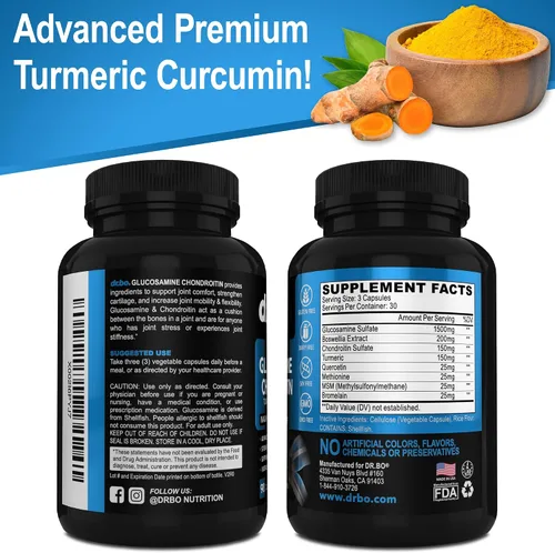 Vista 8 de Glucosamina, condroitina, MSM, cúrcuma, suplemento para la salud de las articulaciones, 2100 mg de hueso y articulaciones de rodilla, suplemento
