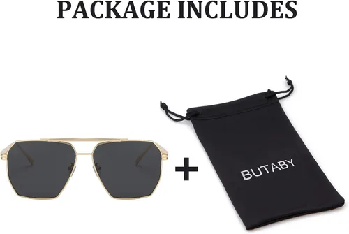 Vista 7 de BUTABY Gafas de sol retro para mujeres y hombres vintage cuadradas de gran tamaño polarizadas clásicas marco de metal UV400 gris dorado Gold Frame