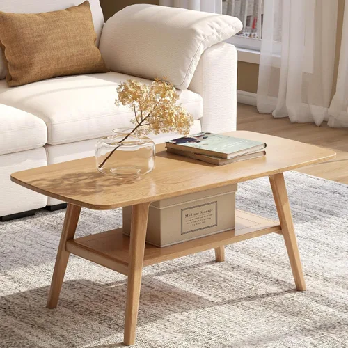 Vista 10 de Mesa de centro 100% de madera de roble maciza para sala de estar, mesa pequeña con almacenamiento en estantes, mesas de centro modernas de mediados