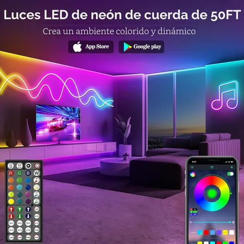 Vista 2 de Luces de cuerda LED de neón 15.2m, control con aplicación/control remoto, luces de cuerda flexibles, tira de neón LED de múltiples modos, luces LED
