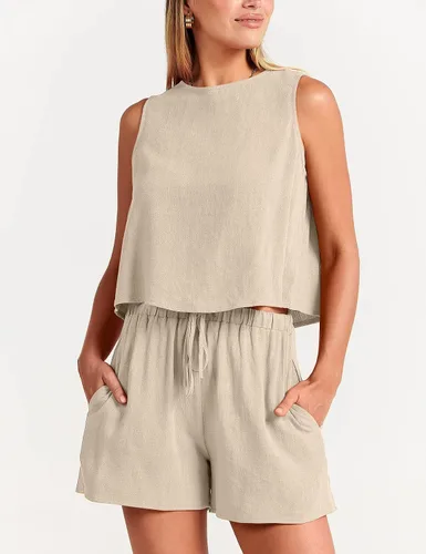 Vista 2 de GIVNUAN Conjunto de 2 piezas de lino con cuello cuadrado para mujer, conjunto de pantalones cortos a juego para la playa, verano 2023 a la moda