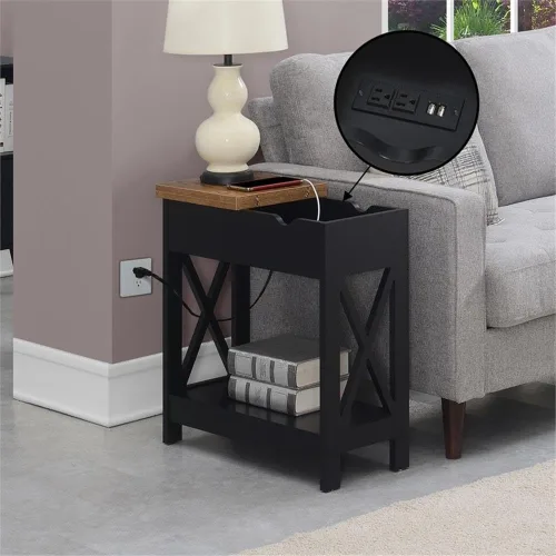Vista 5 de Convenience Concepts Oxford - Mesa auxiliar abatible con estación de carga de 23.75 pulgadas, moderna mesa de sala de estar con puertos USB y tomas