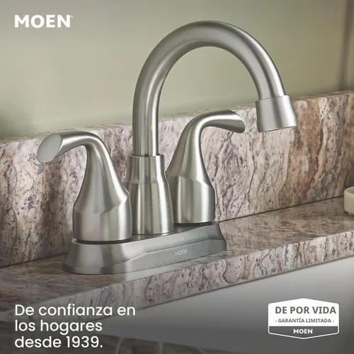 Vista 2 de Moen Idora – Grifo de lavabo de baño con dos asas, centrado, de níquel cepillado resistente a las manchas, con montaje de desagüe, 84115SRN