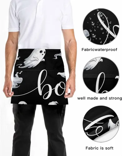 Vista 5 de Delantal de camarera de Halloween para mujeres/hombres con 3 bolsillos, diseño de fantasma blanco clásico negro, delantal impermeable para cocina