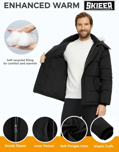 Vista 4 de Skieer Chaqueta acolchada con capucha para hombre, abrigo de invierno impermeable para exteriores, parka cálida con capucha desmontable