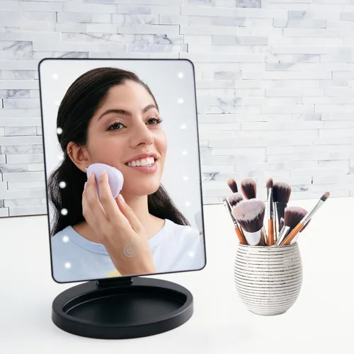 Vista 7 de Conair Espejo de maquillaje iluminado, espejo de tocador LED con base de almacenamiento, funciona con pilas en negro