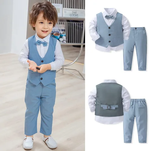 Vista 2 de Conjunto de ropa de algodón de manga larga con corbatín + chaleco + pantalones para niños