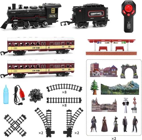 Vista 7 de Conjunto de tren para niños, locomotora con control remoto bajo el árbol de Navidad, tren eléctrico de juguete con vagones y vías largas, regalo
