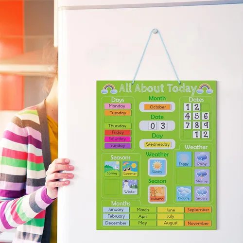 Vista 2 de Navaris Calendario magnético para niños, aprendizaje de los primeros años, clima, fecha, mes, día, tabla educativa de temporada para niños, tablero