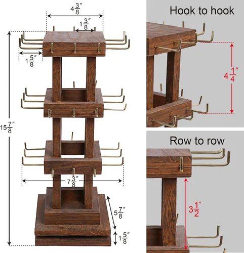 Vista 2 de Ikee Design Torre de joyería giratoria de madera natural con 36 ganchos soporte giratorio para almacenamiento de tarjetas para tienda escaparate
