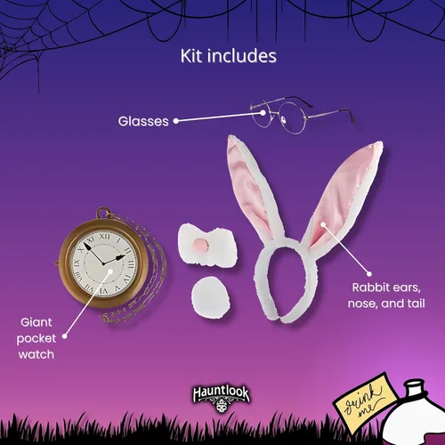 Vista 3 de Wonderland - Kit de accesorios de conejo – Lindo tocado con orejas de conejo blanco, nariz peluda, pin en la cola, reloj de bolsillo y gafas