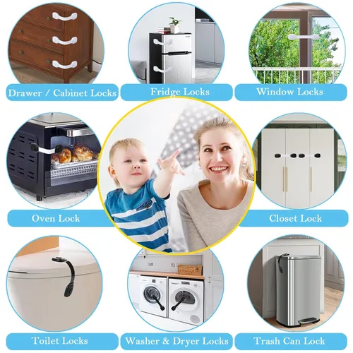 Vista 6 de Fursafe&Q Cerraduras de gabinete a prueba de bebés, correa de seguridad para niños, color negro, a prueba de niños, cerradura de nevera, cajón