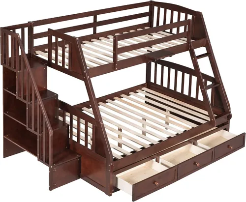 Vista 7 de DEINPPA Litera desmontable individual sobre matrimonial con escalera, se puede dividir en 2 camas individuales, litera de madera con cajones