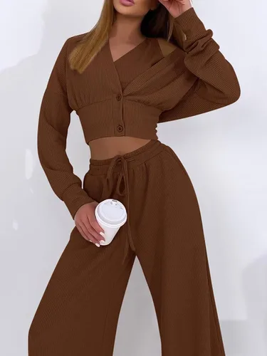 Vista 3 de YOKGO Conjunto deportivo de 3 piezas para mujer con cárdigan de punto acanalado moderno, camisetas sin mangas y pantalones de pierna ancha