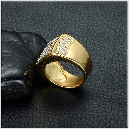Vista 5 de Xusamss Hip Hop chapado en oro de 18 quilates de acero inoxidable cuadrado anillo de cristal