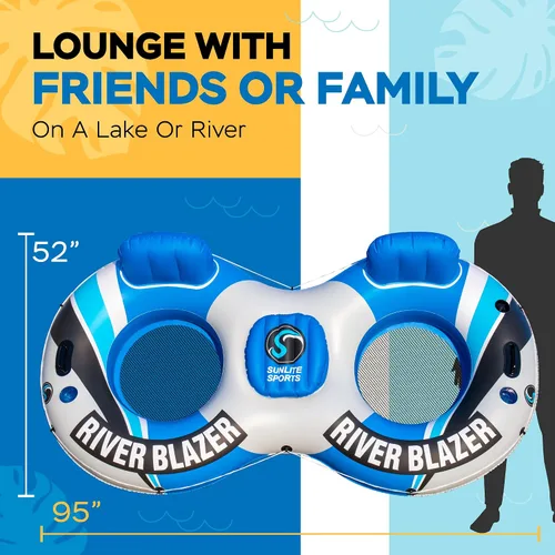 Vista 5 de Sunlite Sports Balsa de río inflable para 2 personas, flotador de agua para descansar sobre el lago y el río, tubo de agua al aire libre, diversión
