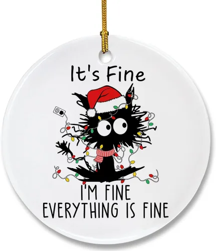 Vista 8 de Bonito adorno de cerámica de gato negro, divertidas decoraciones de Navidad para árbol, adorno colgante de Navidad para amantes de los gatos