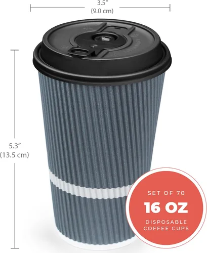 Vista 2 de Tazas de café desechables con tapas, taza de café de 16 onzas (paquete de 70). Las tazas de viaje grandes mantienen la forma con bebidas frías