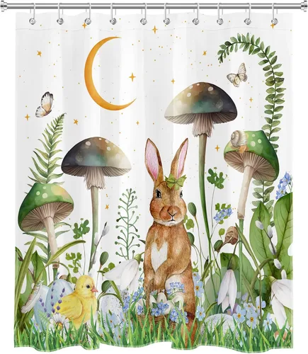 Vista 2 de Easter Rabbit Shower Curtain, Mushroom Bathroom Curtain Easter Eggs with Green Plants Leaves Aesthetic Moon Shower Curtains for Bathroom with Hooks