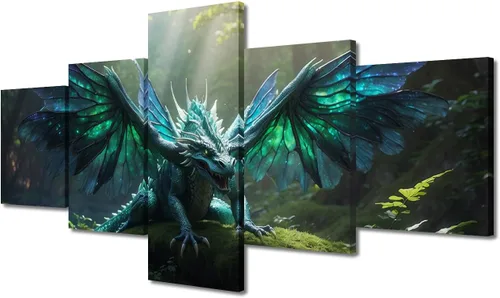 Vista 40 de Lienzo decorativo para pared de sala de estar, lienzo de dragón, 5 paneles, dragón verde, decoración de pared para el hogar, decoración de pared