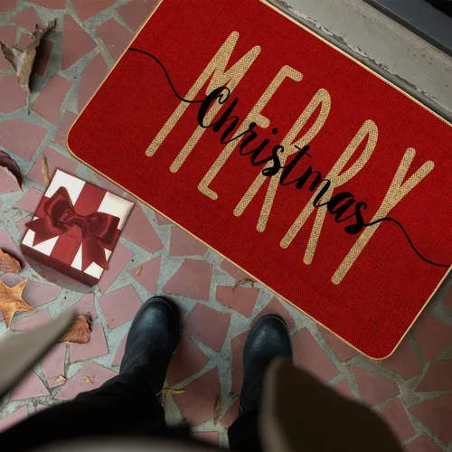 Vista 3 de Alfombra Decorativa de Puerta de Bienvenida Roja Feliz Navidad, Alfombra de Puerta de Invierno de Temporada, Alfombra de Piso de Perfil Bajo
