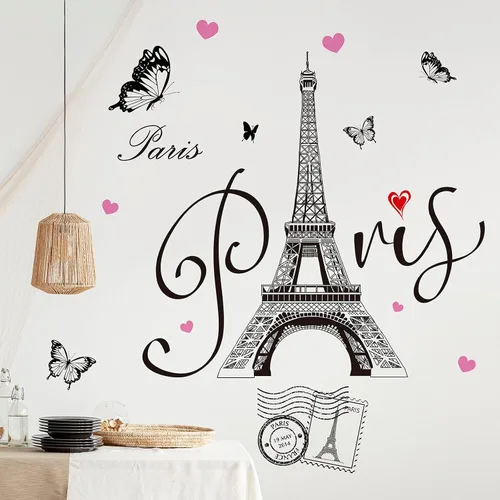 Vista 5 de Gueevin 2 hojas de calcomanías de torre Eiffel para dormitorio, sala de estar, sofá, telón de fondo, TV, decoración romántica de pared