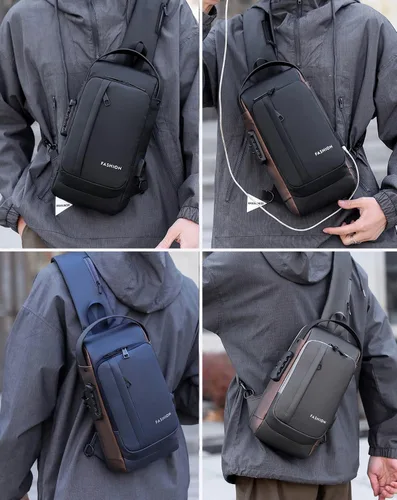 Vista 7 de Geanbun Mochila cruzada USB antirrobo impermeable para el pecho, D-azul y marrón, Moda