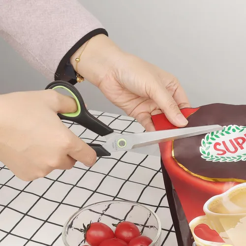 Vista 6 de Tijeras de cocina, cuchillas de acero inoxidable, agarre suave, juego de tijeras de cocina multiusos resistentes, negro/verde, juego de 4 piezas