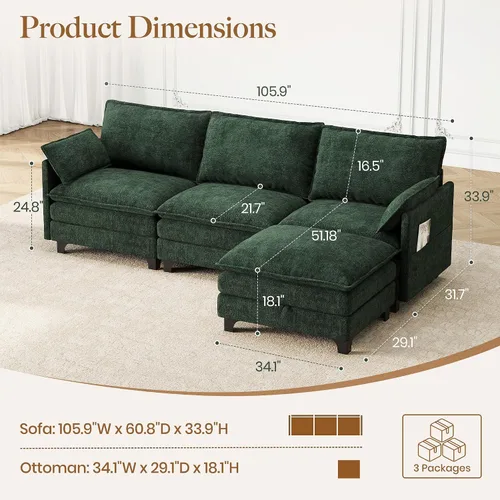 Vista 2 de Sofá modular moderno en forma de L de 106 pulgadas, sofá nube de felpilla con otomana de almacenamiento, sofás de asiento profundo con bolsillo Verde