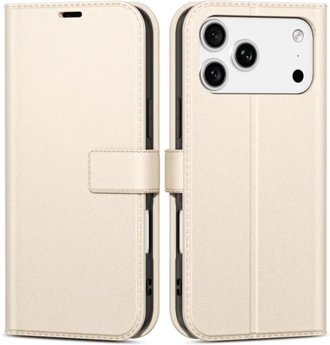 Vista 103 de oakxco Funda tipo cartera para iPhone SE 2022/2020/8/7 con soporte para tarjeta de crédito, funda magnética RFID delgada tipo libro con tapa de Beige