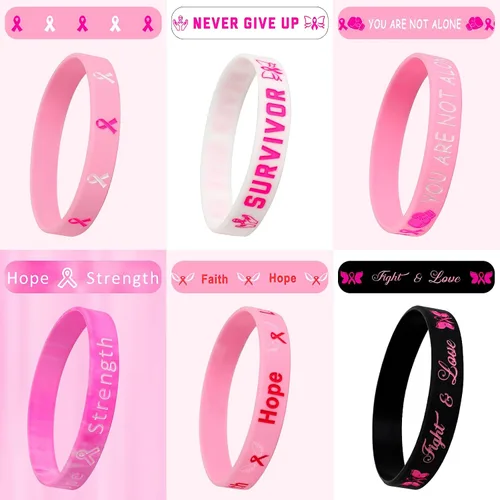 Vista 3 de JUNEBRUSHS 42 piezas de accesorios de concientización sobre el cáncer de mama, pulseras de silicona Esperanza Fe Fuerza Coraje, pulseras accesorios