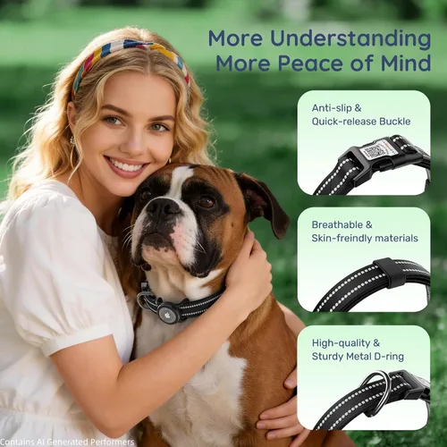 Vista 6 de Collar de perro Airtag con código QR, collar reflectante para perro con soporte Airtag, acolchado suave y hebilla de bloqueo de seguridad ajustable