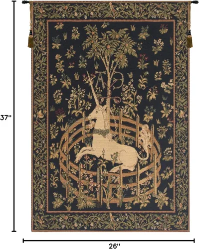 Vista 6 de Charlotte Home Furnishings Inc - Tapiz europeo de tela jacquard belga para colgar en la pared, 37 x 26 pulgadas, unicornio en cautiverio, medieval