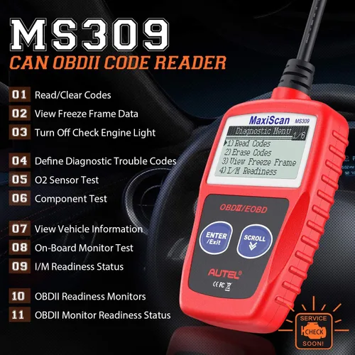 Vista 2 de Autel OBD2 Escáner MaxiScan MS309 para Coche, Lector de Códigos del Motor, Comprueba el Estado del Monitor de Emisiones, Nueva Herramienta
