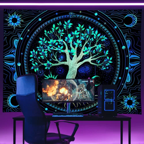 Vista 4 de Tapiz para dormitorio, estético, árbol de la vida, con luz negra, reactivo a los rayos UV, tapiz psicodélico, colorido tapiz de pared, sol, luna