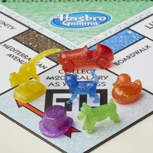 Vista 4 de Hasbro Gaming Monopoly Sparkle Edition Juego de mesa, juegos familiares, con fichas brillantes, dados nacarados, aspecto brillante