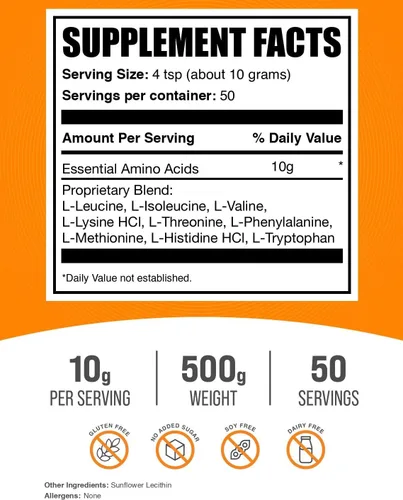 Vista 2 de BulkSupplements. com Essential Aminoácidos en polvo - Suplemento de aminoácidos esenciales, polvo EAA - Sin sabor y sin gluten, 0.35 oz por porción