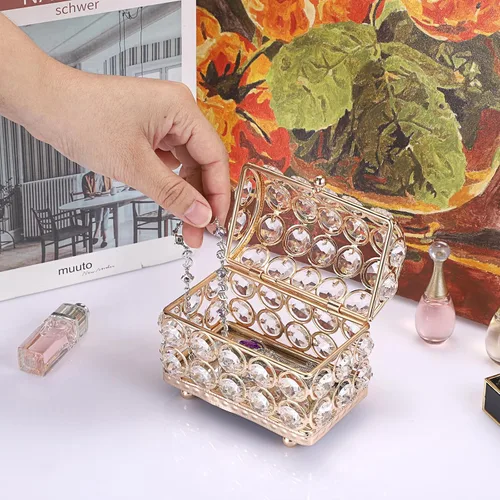 Vista 6 de Hipiwe Caja de joyería de cristal, caja dorada con espejo del tesoro, pequeña caja de recuerdos, vitrina decorativa para joyas, organizador