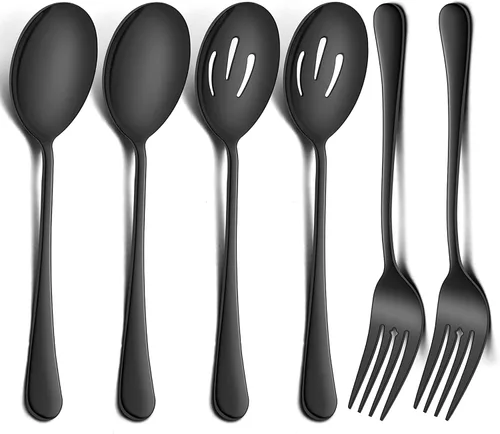 Vista 8 de LIANYU Juego de 6 cucharas y tenedores negros para servir, 8 3/4 pulgadas, acero inoxidable, para bufé, catering, fiesta, banquete, servir, tenedor