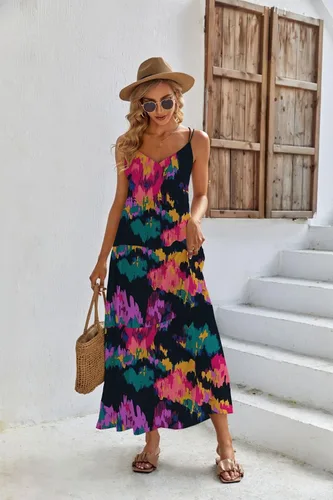 Vista 6 de Lxmyoxr Vestido casual de verano para mujer, sin mangas, cuello en V, tirantes delgados, escalonados, maxi vestidos largos con bolsillos