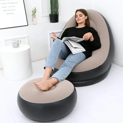 Vista 2 de Sofá inflable de ocio y reposapiés plegable al aire libre, tumbona sofá flocado (caqui)